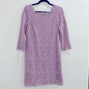 Adrianna Papell Lilac Light Purple Lace Quarter Sleeve High Neck Formal Dress 14